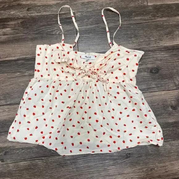 Madewell Strawberry Tie Front Cami Keyhole Top  Cotton Summer Sz 2 Cottagecore - Picture 3 of 12